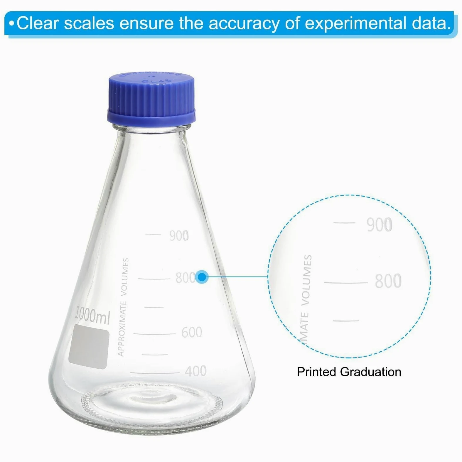 Matraz Erlenmeyer, 1000ml - Vidrio Borosilicato, Graduado, Boca Estrecha con Tapón Roscado para Laboratorio(CC,1000ml/33.8oz)