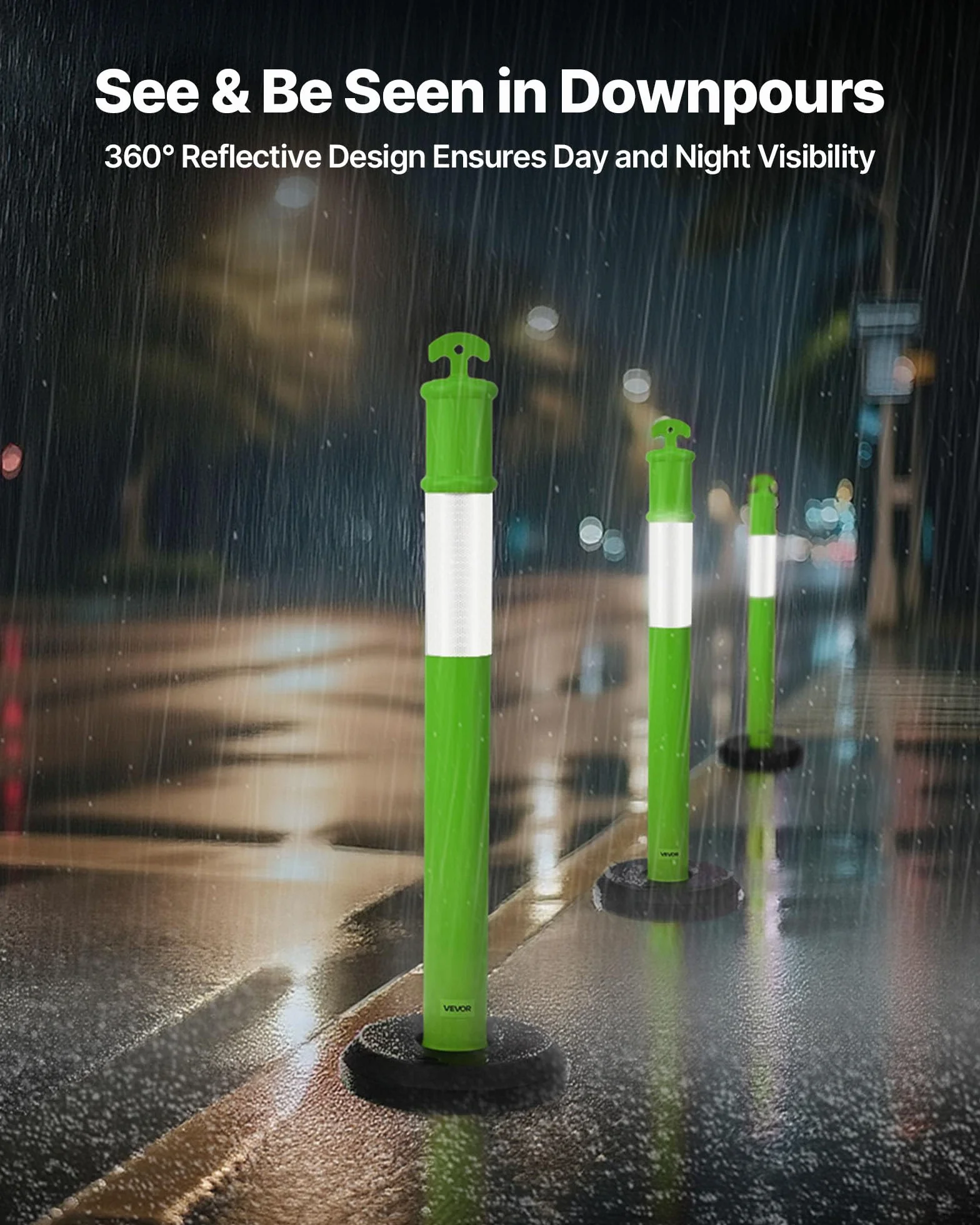 VEVOR Postes de Tráfico 3 Piezas Bolardo 1140 mm Base Rellenable Banda Reflectante Verde