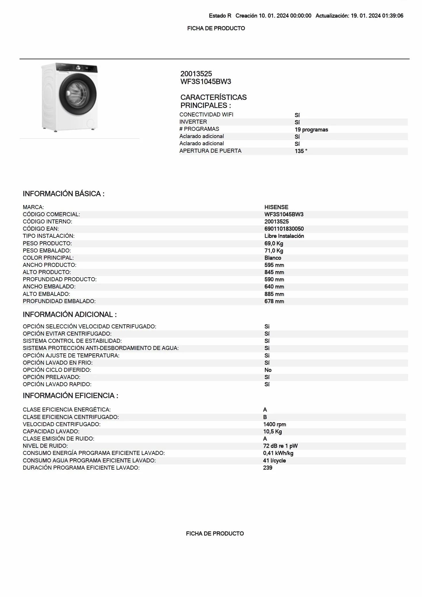 Hisense WF3S1045BW3 Lavadora 10.5 kg Clase A WiFi Auto Dosificación Hygiene Guard Vapor 99.9% Blanco