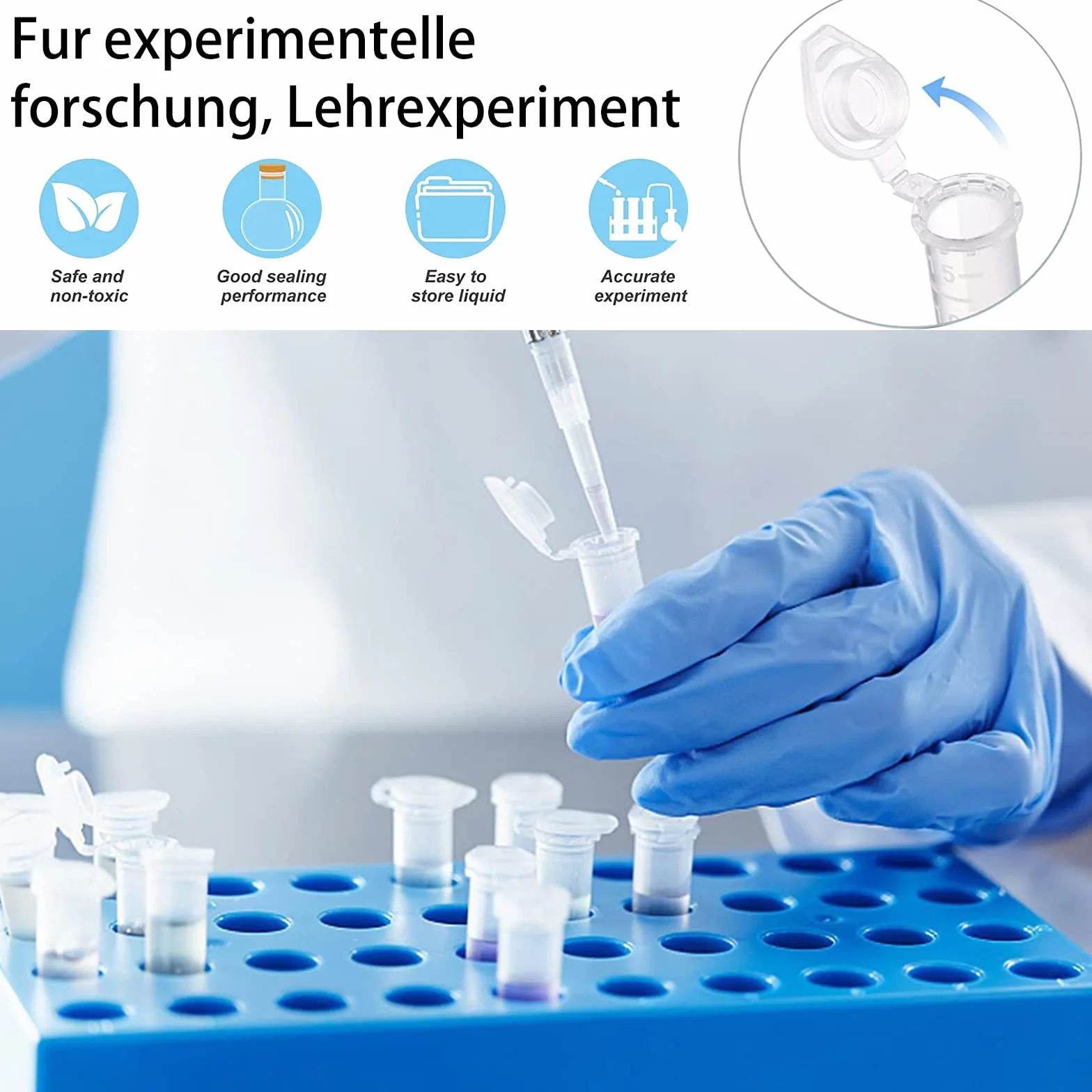 500 tubos de centrífuga 2 ml, recipiente de plástico transparente con tapa para muestras líquidas