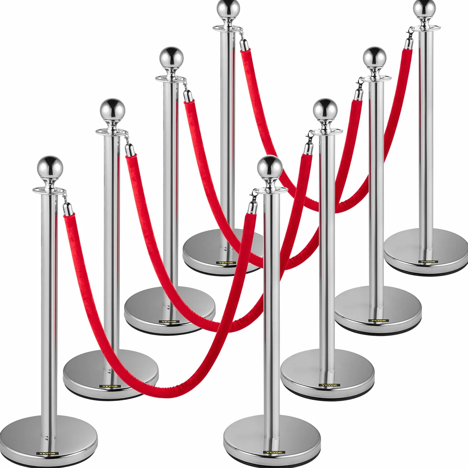 VEVOR Postes Separadores 8 piezas Altura 90 cm Platas Postes Separadores con Cuerda de Terciopelo de 1,5 m Roja Conexión de 4 Vías Diámetro de Base 32 cm Postes de Barrera de Control de Multitudes
