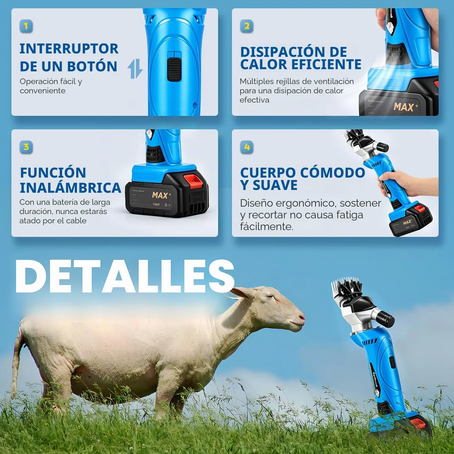 CGOLDENWALL Esquiladora para Oveja Inalámbrico 550W 2400RPM, con 2 Baterías de Litio Recargables 2000mAh, 6 Velocidades Ajustables, Cizalla para Cabra Alpaca Camello - Aceite lubricante Incluido