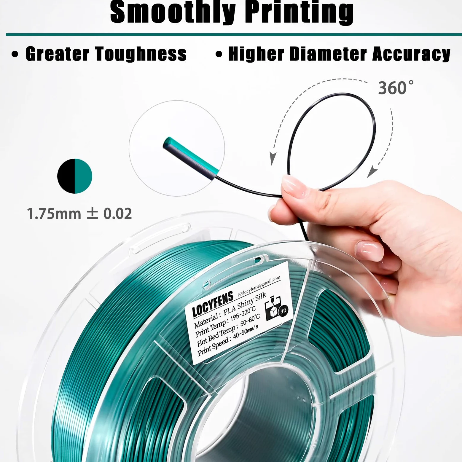 Filamento PLA de 1.75 mm, filamento de impresora 3D de ácido poliláctico sedoso, filamento de doble color, negro y verde, coextrusión 2 en 1, filamento PLA de 1.75 mm +/-0.02 mm, 1 kg