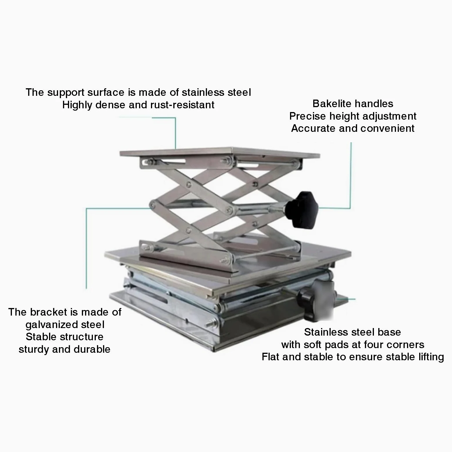 Soporte De Gato Laboratorio Acero Inoxidable, Plataforma | Con tapete antideslizante, rango de altura de elevación expandible 50-460 mm, peso máximo de soporte 25 kg(250x250mm)