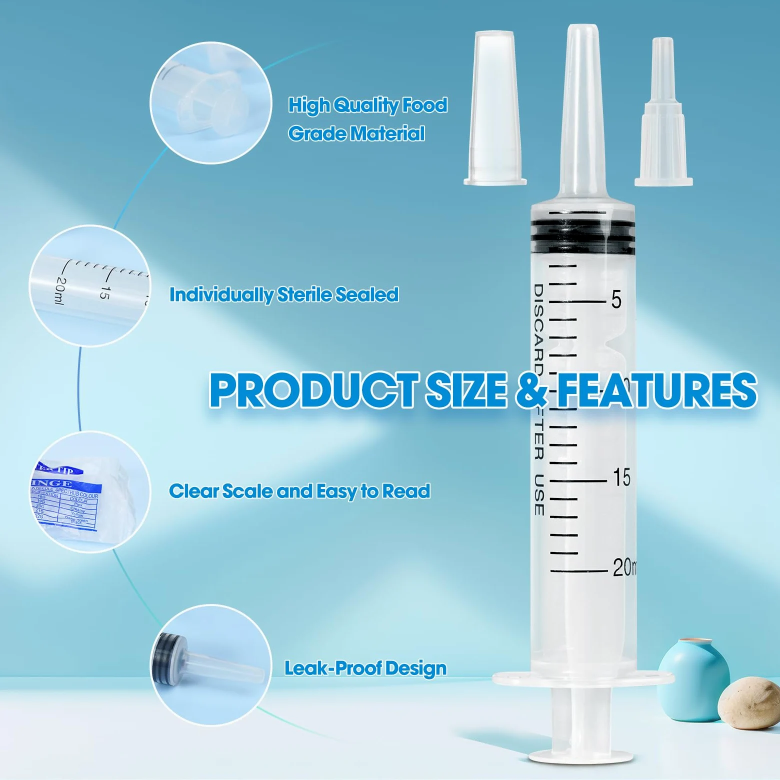 Jeringa de 20 ml para líquido, paquete de 50 jeringas grandes de plástico con adaptadores y tapa, jeringa sellada individualmente para alimentación, gelatina, agua de riego y laboratorios científicos