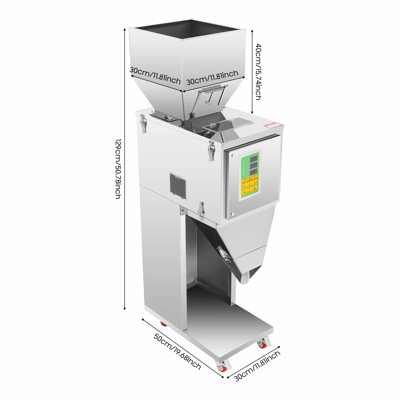 Máquina de llenado de 200 W, 10-999 g, máquina de llenado automática con 4 ruedas, 6-15 bolsas/min, máquina de llenado de acero inoxidable, relleno de polvo de pie con pedal, dispensador de partículas