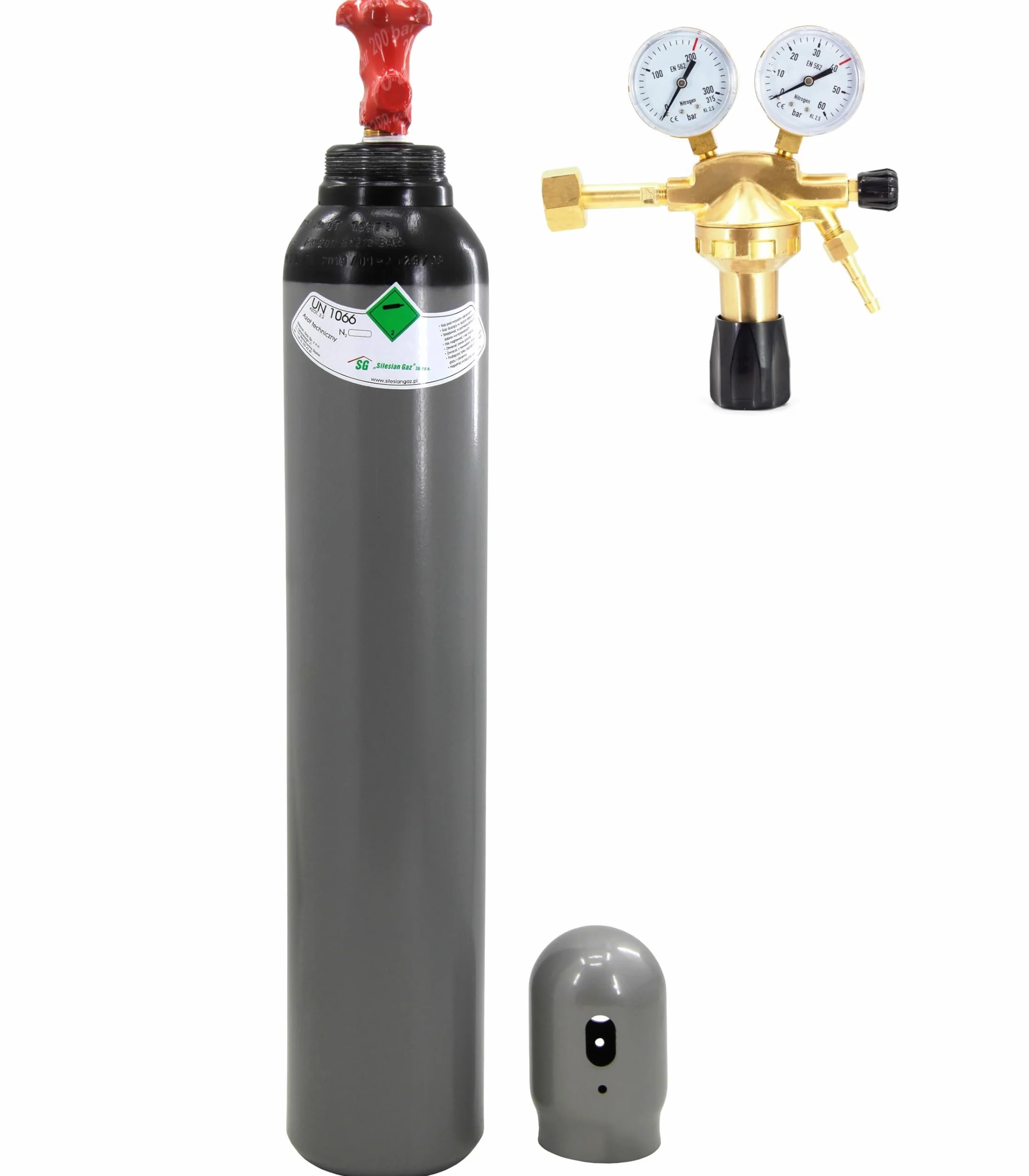 Botella de gas nitrógeno Botella de nitrógeno Botella de gas protector 8L llena 200 bar 1,6 m³ con reductor de presión y tapa protectora - para aire acondicionado, llenado de neumáticos y soldadura