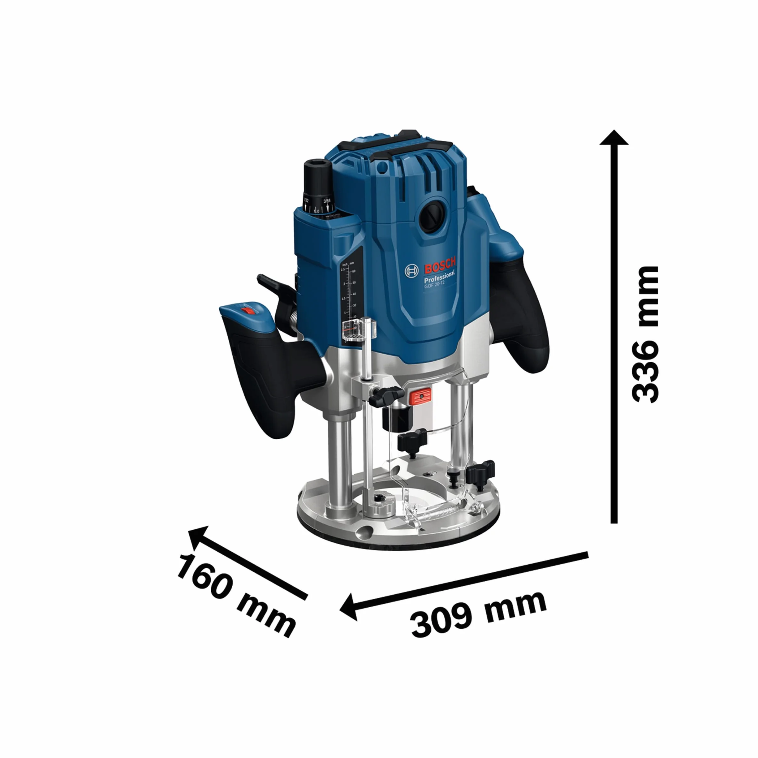 Bosch Professional Fresadora con cable GOF 20-12 (potencia absorbida de 2000 W, incl. aspiración de polvo, guía de rodillos y paralela, pasador de centrado, llave de vaso, set de pinzas)