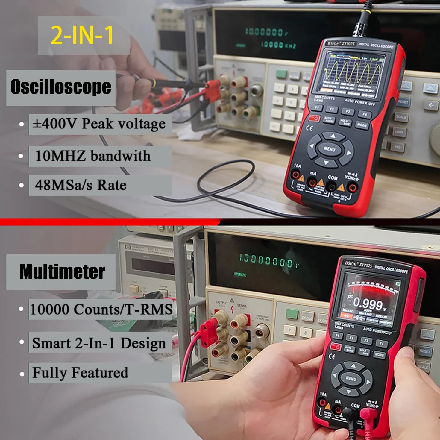 BSIDE ZT-702S Kit Osciloscopio DIY Multímetro Digital TRMS con Osciloscopio Automotriz 9999 Cuentas 10Mhz LCD a Color Medidor de Miliamperios y Milivolt Oscilloscope Recargable con Memoria para PC