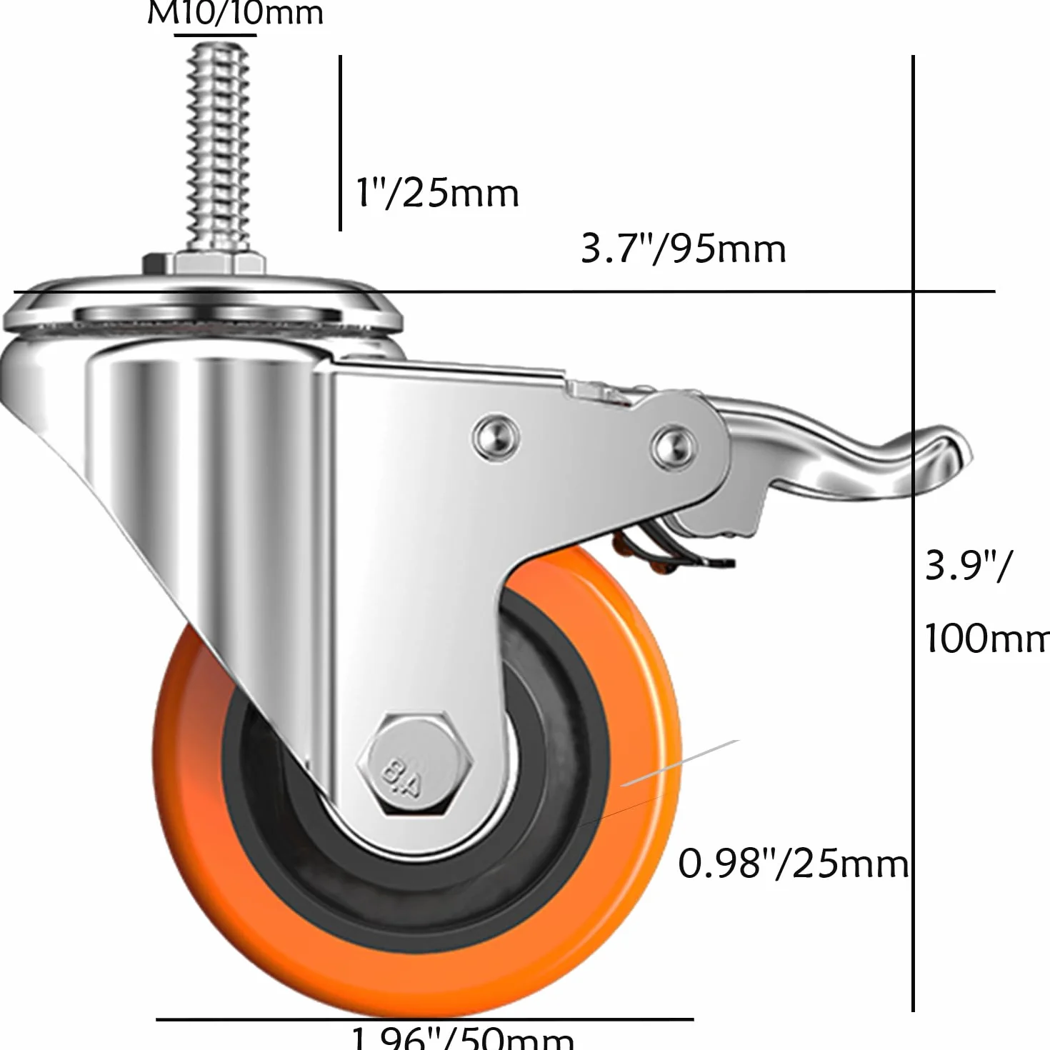 Stem Caster Wheels Heavy Duty Casters PVC M8-1.25x1″ (Stem Diameter 8mm, Stem Length:1″) Casters with Brake Dual Locking for Home, Office, Industry use (2 Inch, with Brake)