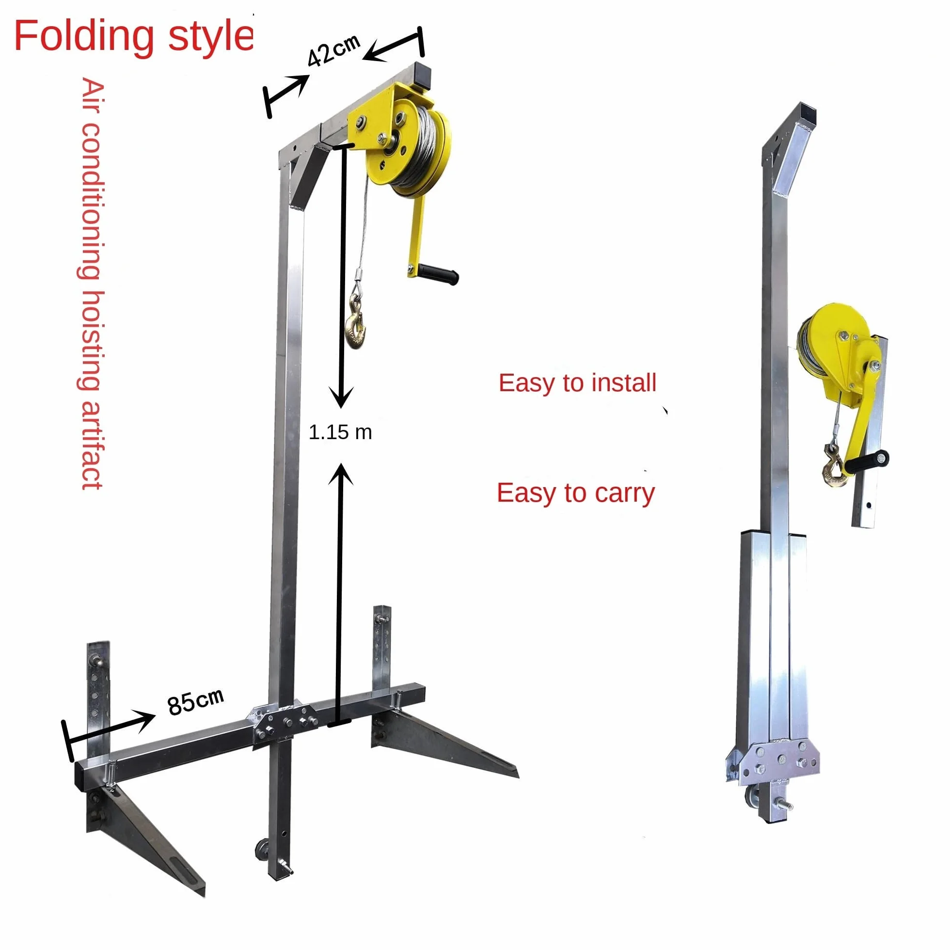 Herramienta de grúa de instalación de aire acondicionado al aire libre, elevador manual de cabrestante con soporte plegable, equipo de elevación resistente para una fácil configuración de la unidad