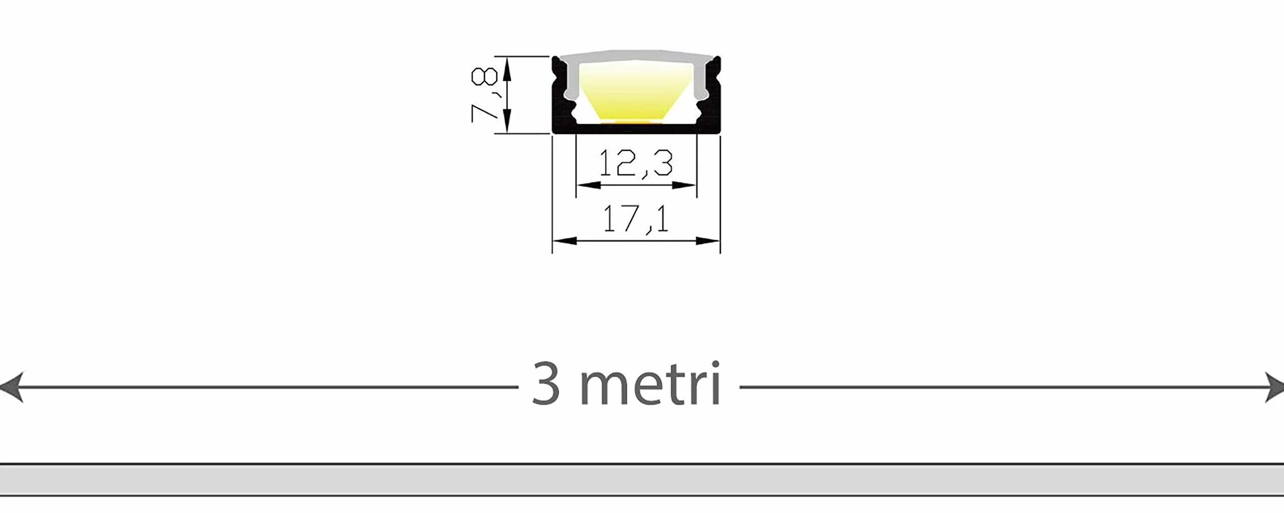 AFTERTECH Perfil Aluminio 3m 17x8mm para Tiras LED Plateado con Cubierta Opaca