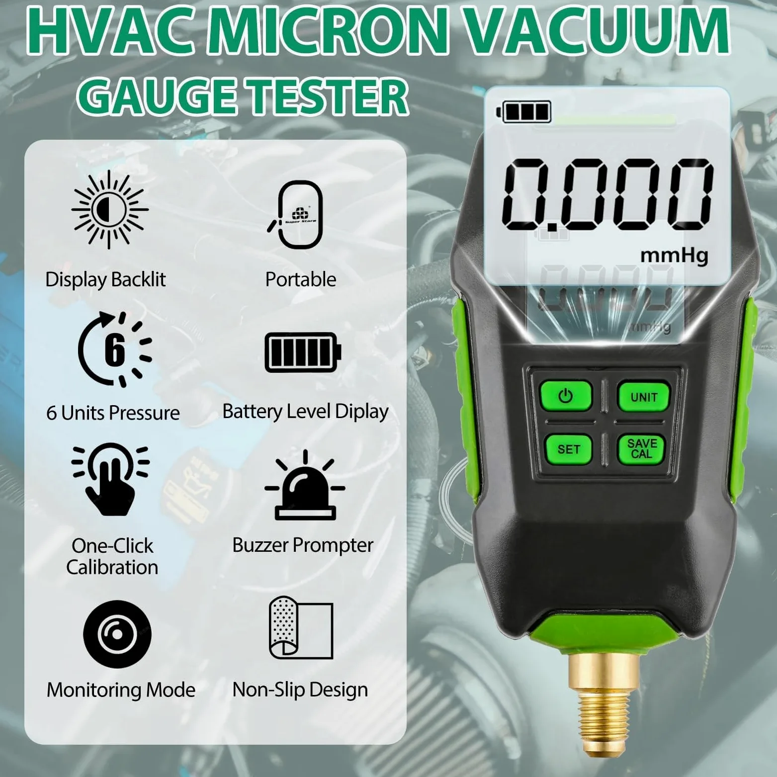 Medidor de Vacío Medidor HVAC Digital V de Vacío Digital con Interfaz 20UNF de 7/16 Pulgadas Pantalla Retroiluminada Preciso para Aplicaciones Automotrices y HVAC