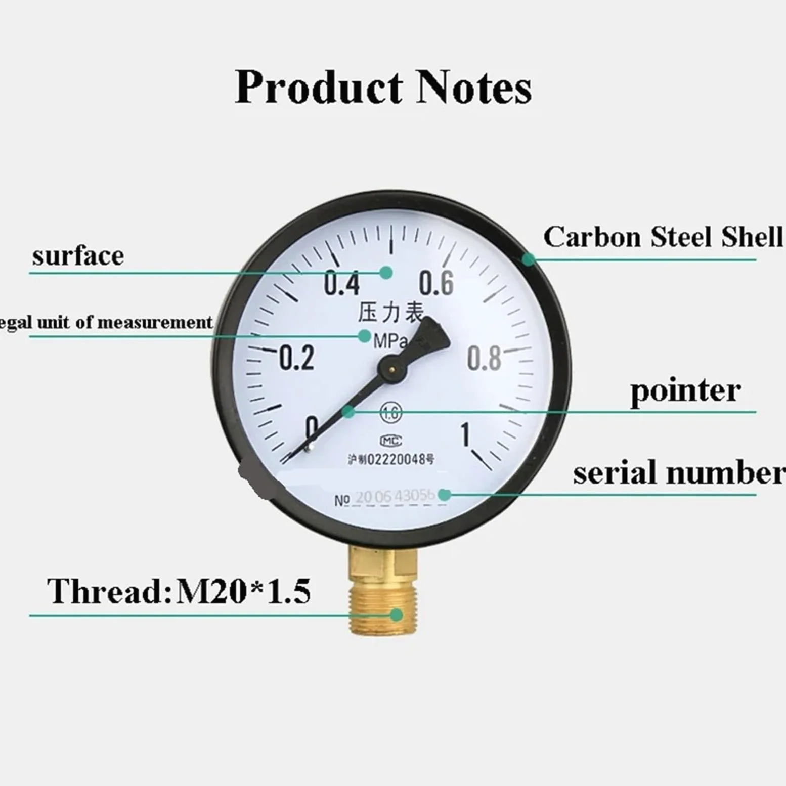 Manómetro de presión de agua/aire/vacío con dial de 100 mm Manómetro universal de agua a gas con rosca métrica M20*1,5 Unidad Manómetro Mpa(Only Gauge,0-2.5Mpa)