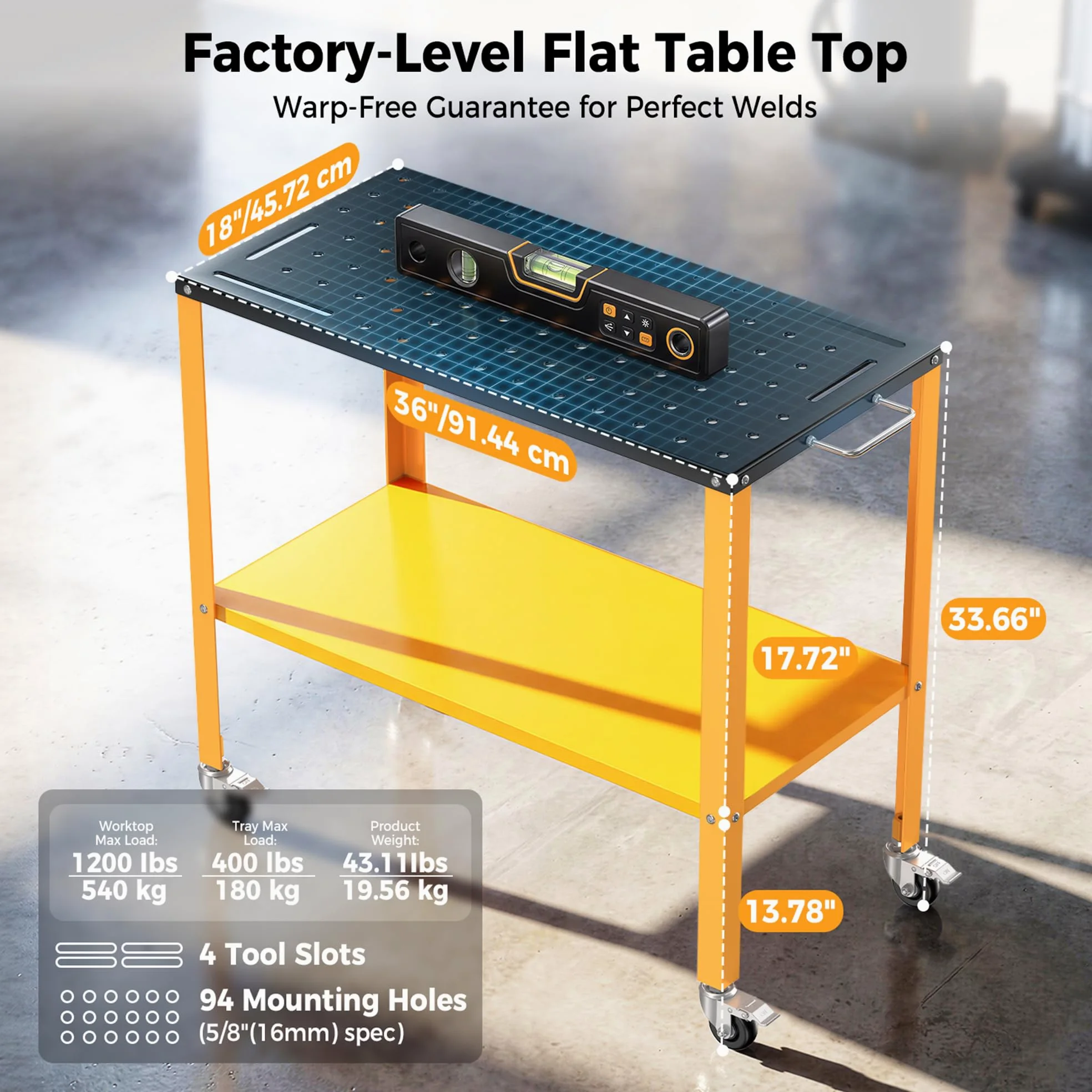 Mesa de soldar móvil con Ruedas de 91 x 46 cm, Carga de 544 kg Banco Trabajo Taller de Metal Portátil con 4 Ruedas de Frenado Bloqueables, 4 Ranuras para Herramientas, Bandeja, 1,6 cm Agujeros