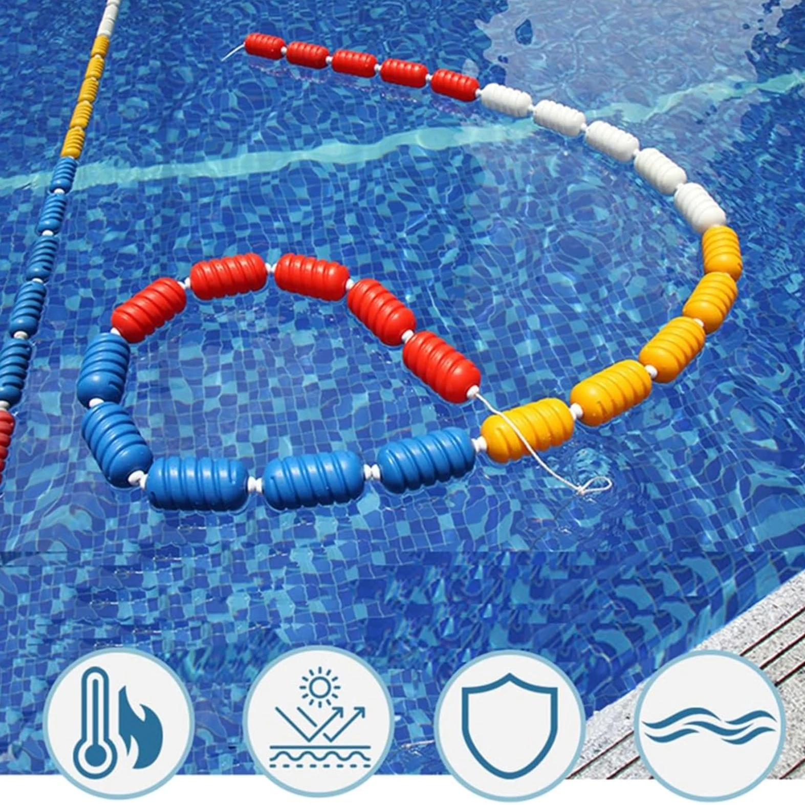 Línea de flotador de piscina, cuerda de alambre de acero con flotadores de flotabilidad, divisor de piscina para uso en interiores y exteriores