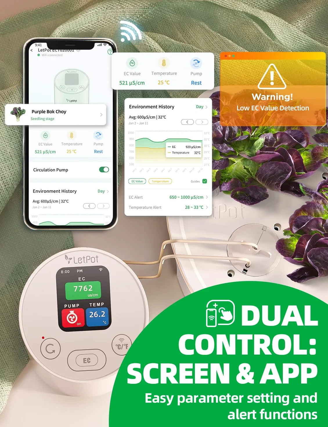 LetPot Medidor de temperatura y CE con aplicación y bomba de agua, sonda electrolítica multicapa, recordatorio de falta de agua, medidor de conductividad para sistemas hidropónicos y cultivo de