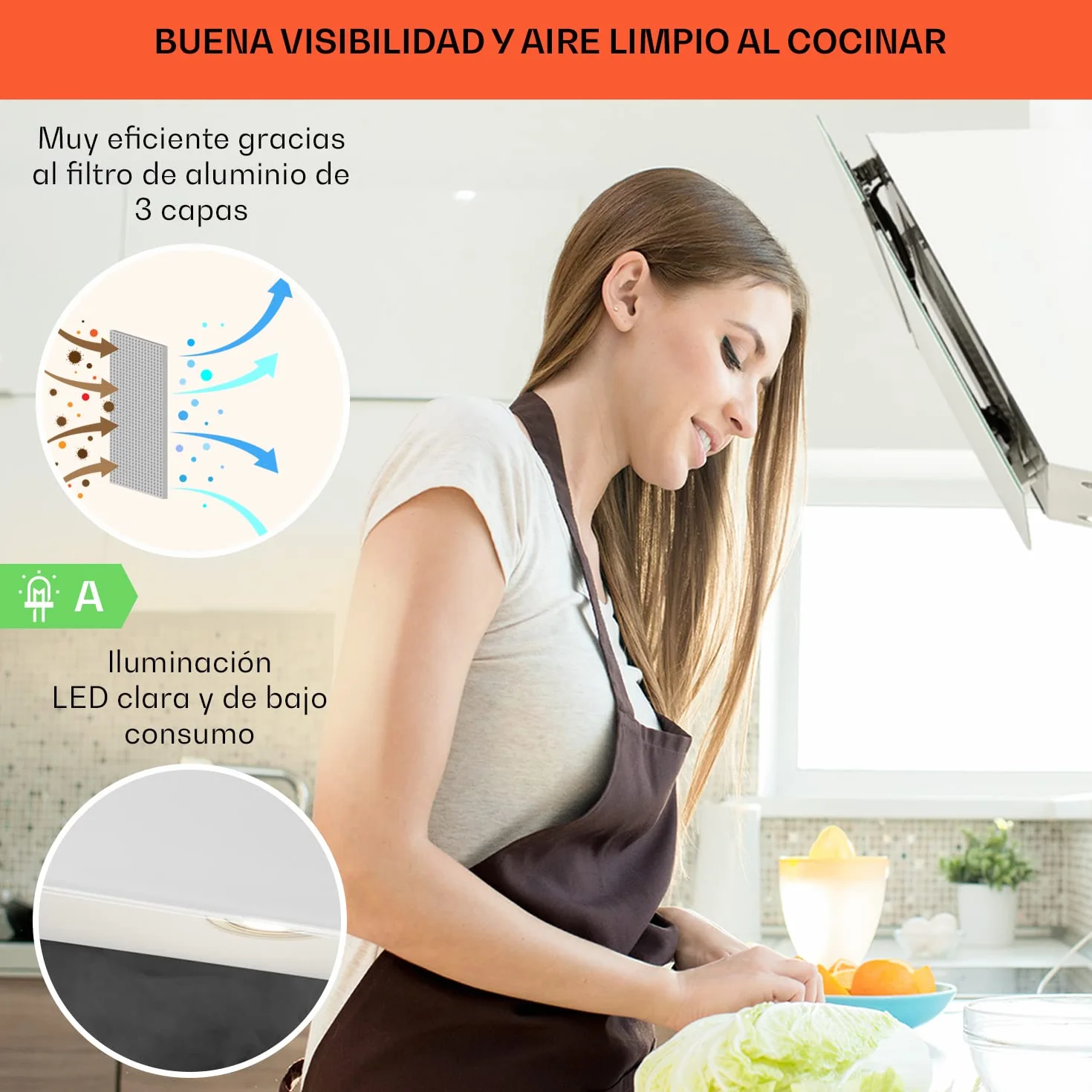 Klarstein Campana Extractora Decorativa 60 cm Luces LED, Flujo Aire 594m³/h, Control de Panel Táctil, Extractores de cocina con Anti Grasa, Eficiencia Clase A