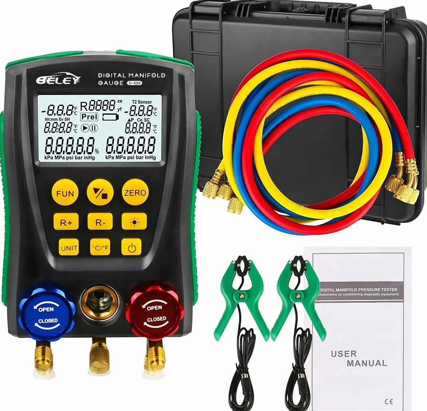 BELEY Juego de manómetros digitales, R32 R410a Kit de indicador digital para sistema de colector, manómetro de sistema HVAC de temperatura para 93 refrigerantes, con 2 abrazaderas de temperatura