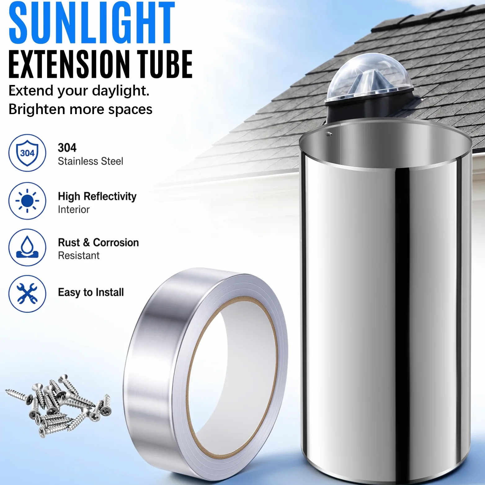 Tubo de extensión de tragaluz de 10 pulgadas de longitud, extensión de túnel de luz de aluminio altamente reflectante para sistema de luz diurna de tubo solar, acabado espejo, incluye cinta