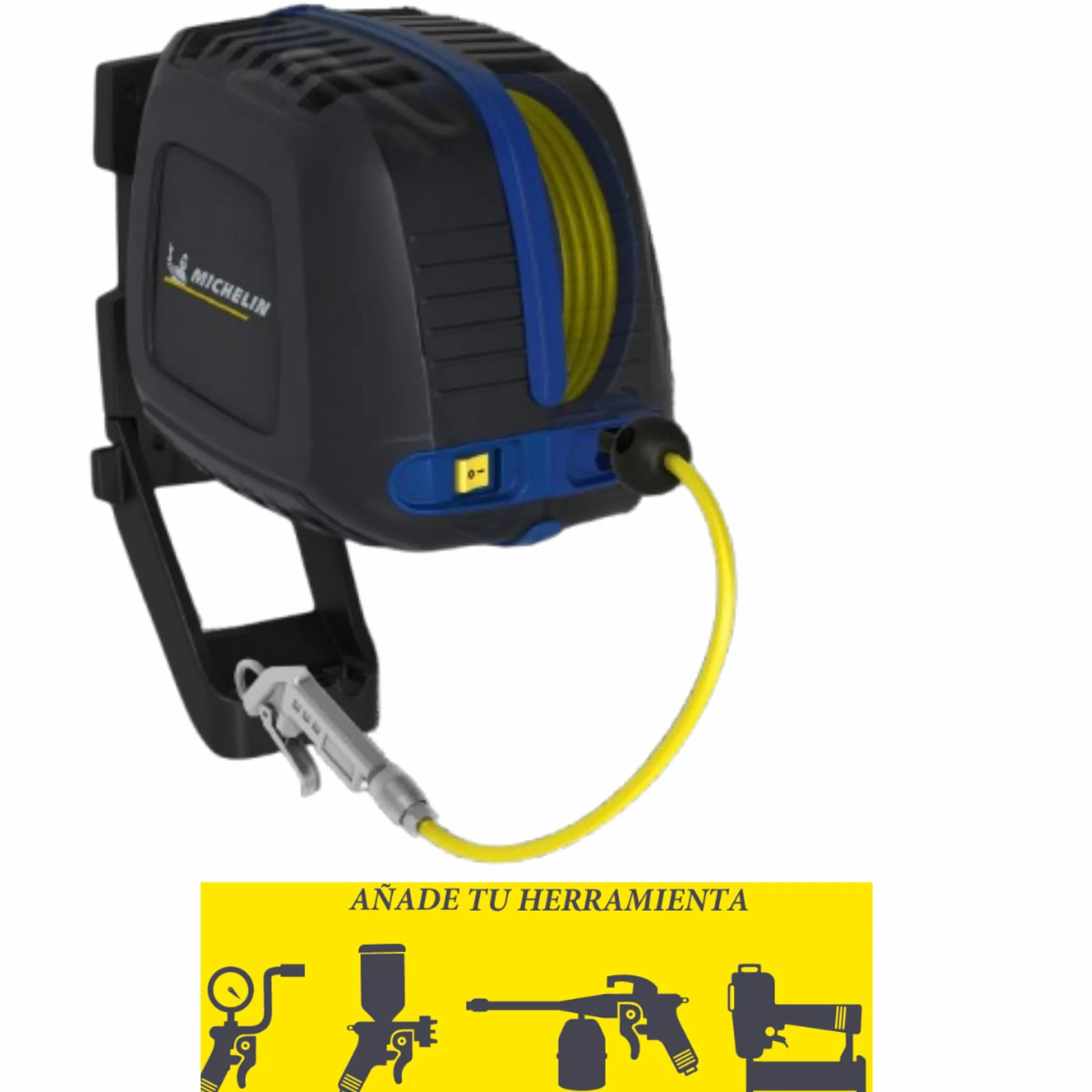 MICHELIN - Compresor de aire mural MBL GO con enrollador de manguera - Manguera de 10 metros - Soplador incluido - Sin tanque - Sin aceite - Motor de 1,5 CV - Presión máxima 8 bar