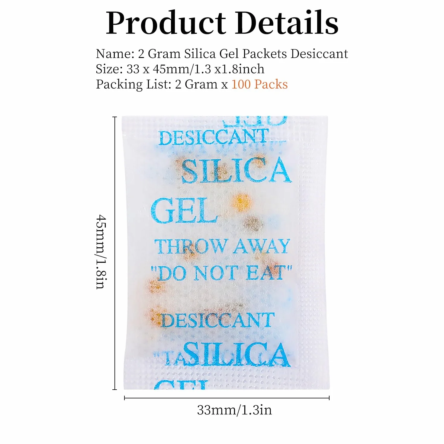 Paquetes de gel de sílice indicación de color, 100 unidades, 0.07 oz, desecante grado alimenticio, absorbente de humedad