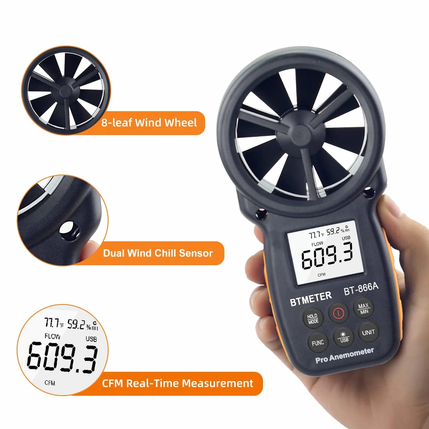 BTMETER BT-866A Anemómetro HVAC CFM Medidor de Velocidad de Viento Digital 0,3-40 m/s con Retroiluminado USB