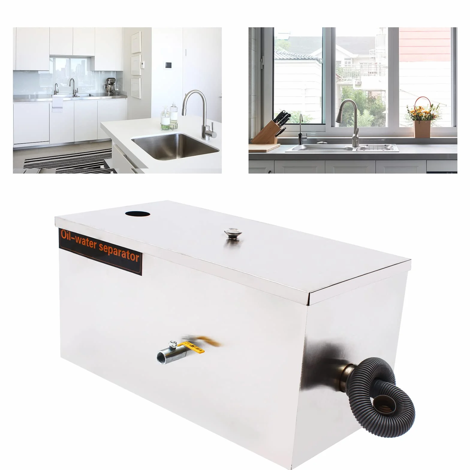 Separador de grasa para aguas residuales, de acero inoxidable, comercial, separador de grasa, filtro de grasa de cocina, con cesta de filtro y válvula de drenaje de aceite, 0,8 m3/h, 60x30x30cm