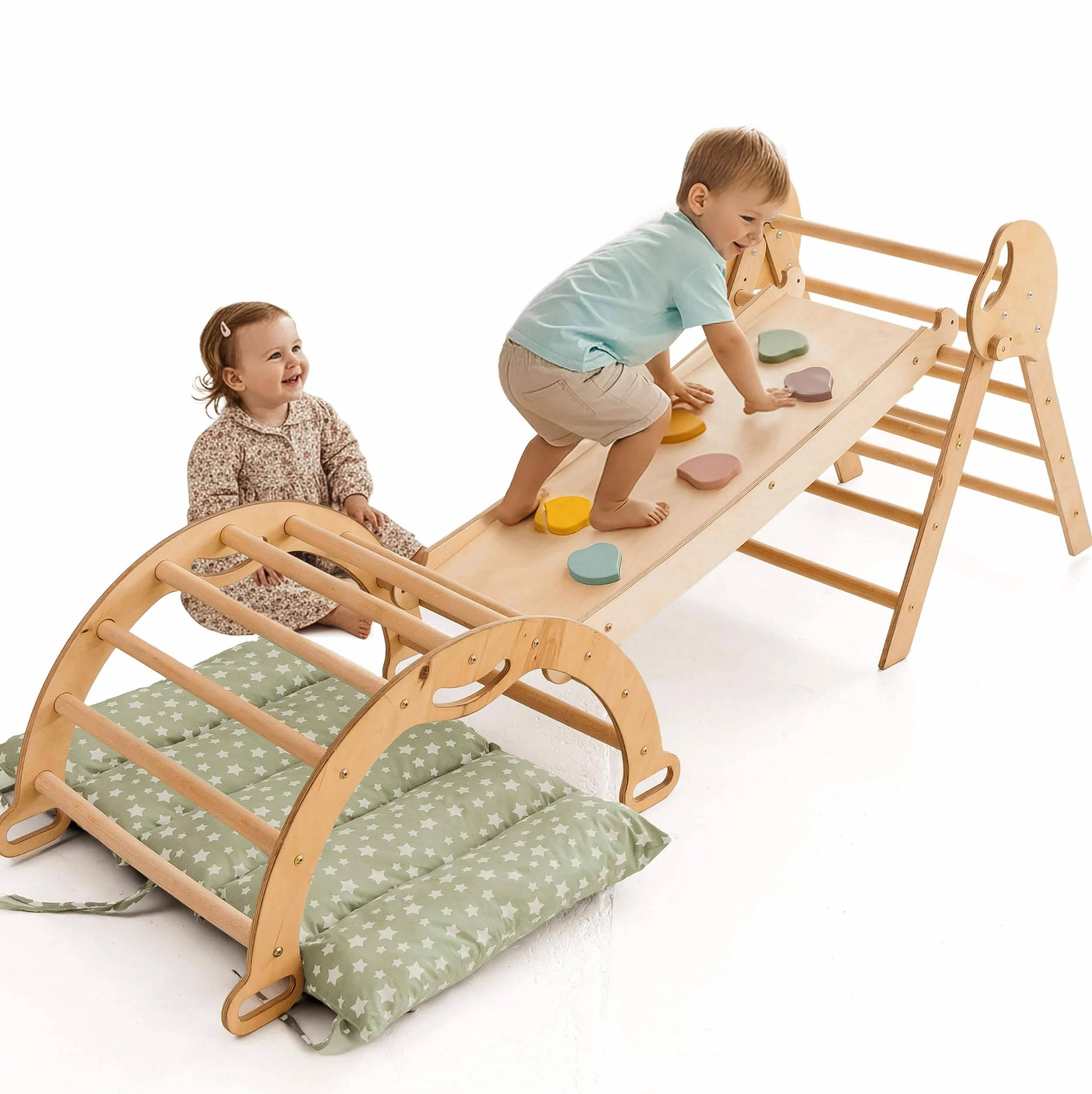 Estructura de Escalada 5 en 1 para Niños - Escalera Triángulo, Arco, Balance Board, Cojín, Gimnasio Montessori de Madera 1-3 Años