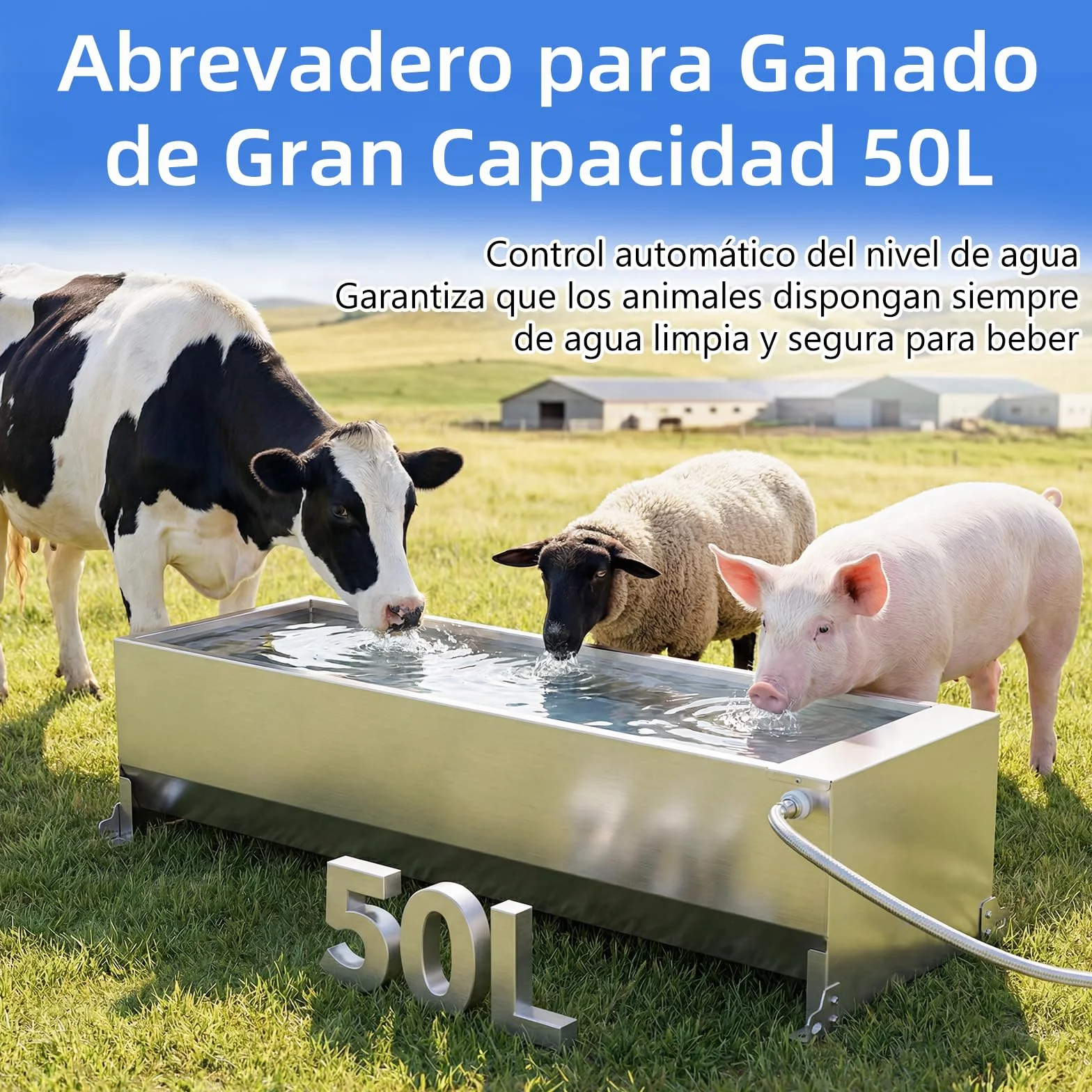 Bebedero Automático 50L Acero Inoxidable, Bebedero Exterior Gran Capacidad con Válvula de Flotador, Dispensador de Agua para Caballos, Vacas, Cerdos, Cabras y Perros Grandes