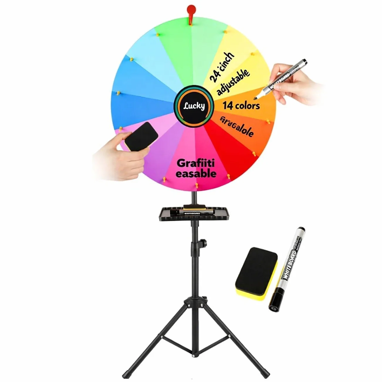 Rueda de premios de giro de 24 pulgadas, 14 colores, ajustable 37"-65", con estante