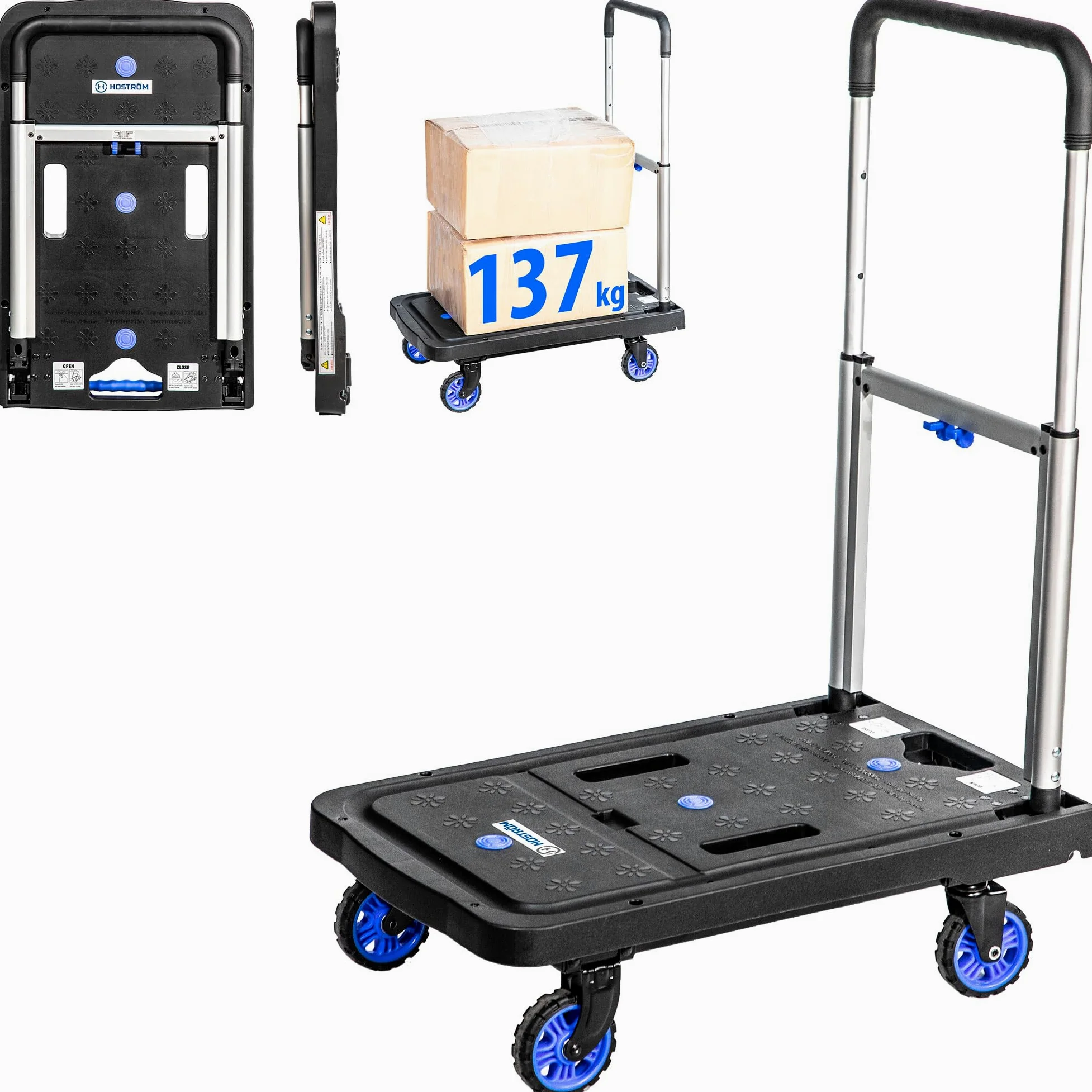 HOSTRÖM Carro con Ruedas, Carro de Almacenamiento Plegable, traslado, Transporte Material, asa telescópica, Carga máx. 137 kg,