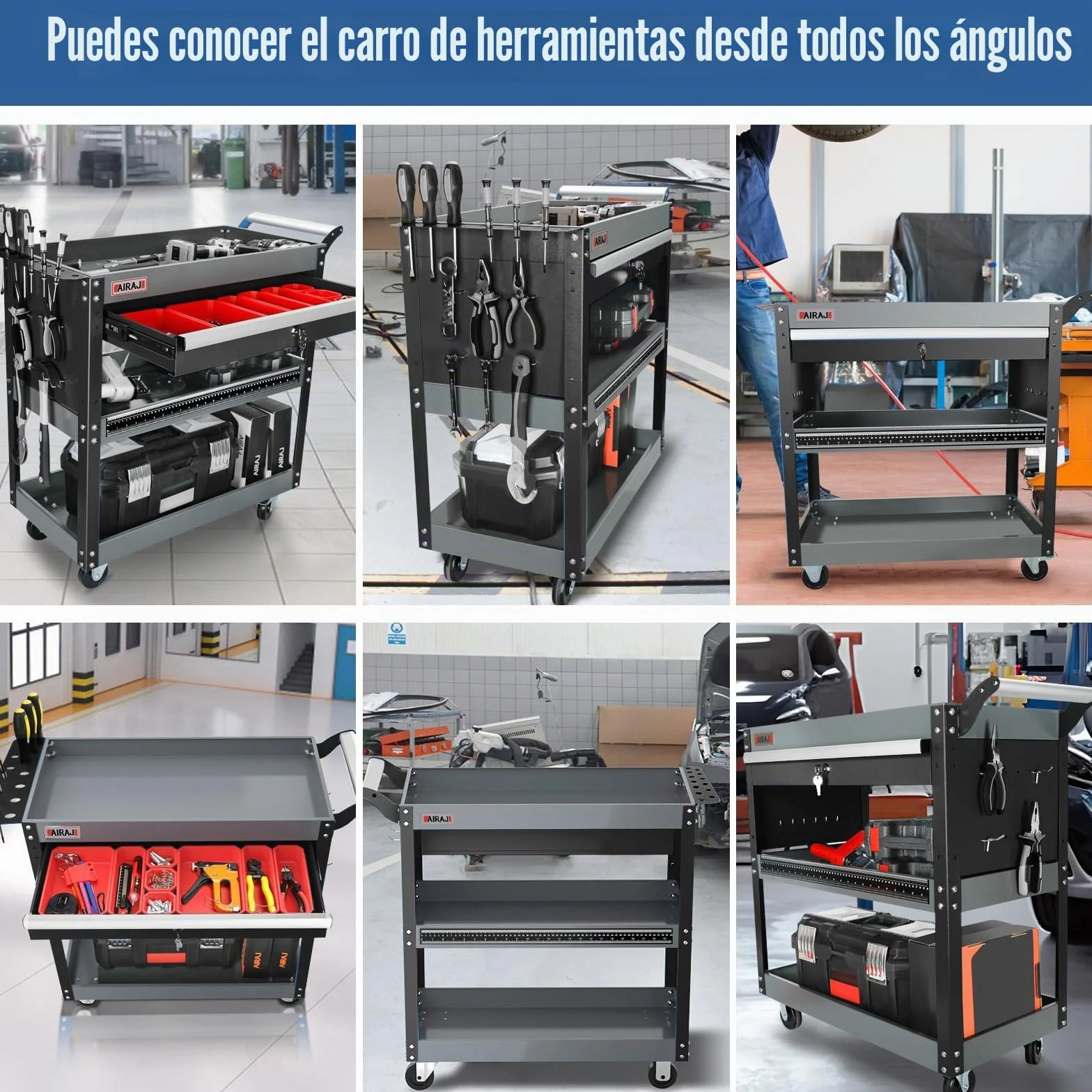 AIRAJ Carro de tres pisos | Taller con cajones | Carro multifuncional para talleres, talleres de reparación y almacén | Carro de taller con ganchos y cajas de piezas |Negro