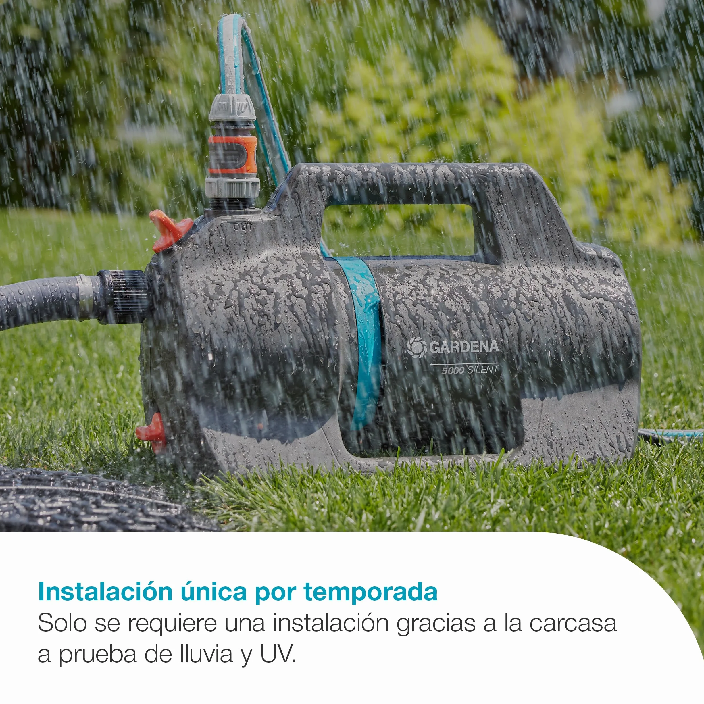 GARDENA Bomba de riego 5000 Bombas silenciosas: 26% más de flujo con el mismo consumo de energía, Tecnología silenciosa, Carcasa resistente a la lluvia y a los rayos UV (9080-20)