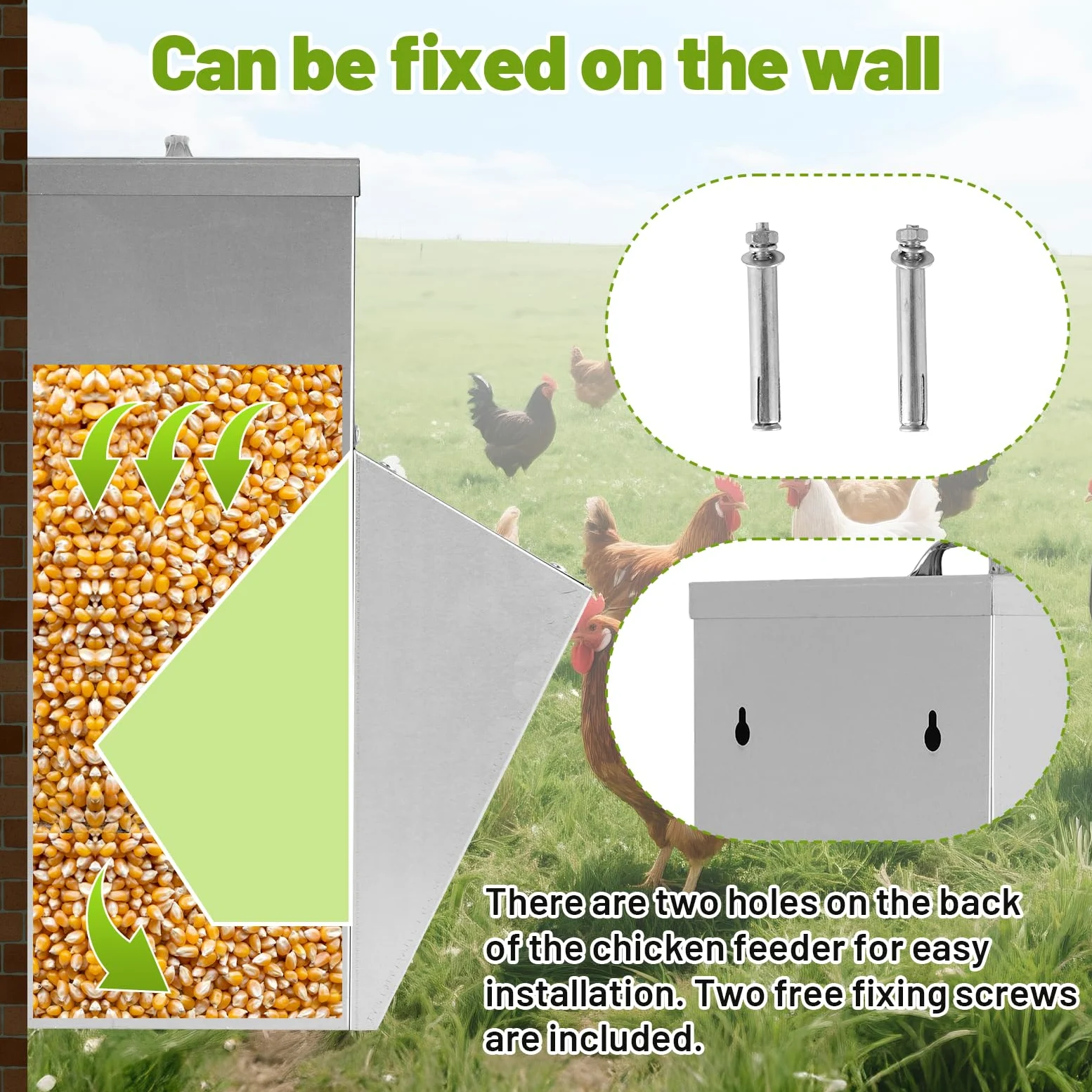 BAOSHISHAN Comedero automático para pollos, comedero de aves de corral montado en la pared con tapa, sin residuos, comedero al aire libre para pollos, pájaros, patos, gansos (10 kg)