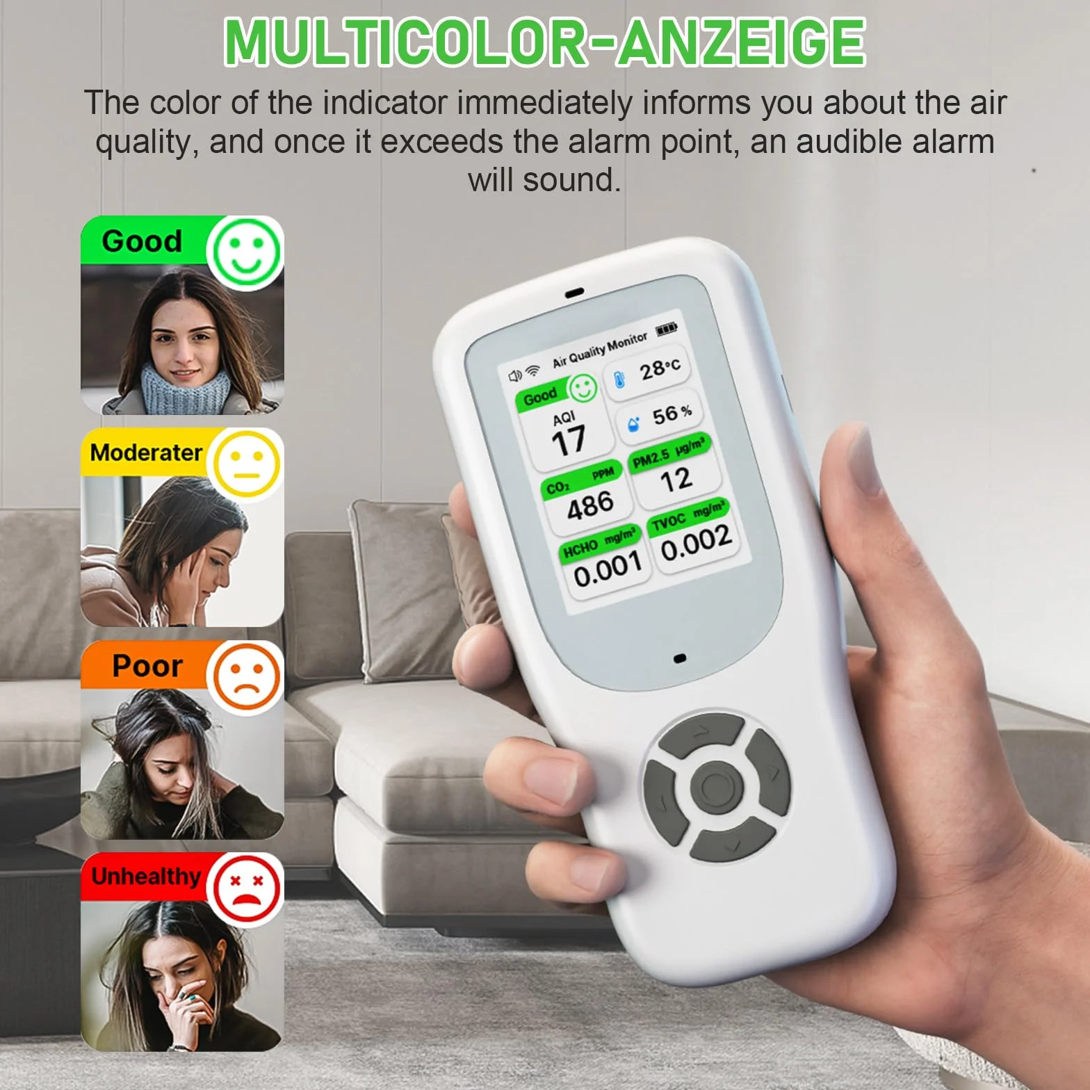 Detector de Calidad del Aire 10 en 1, Monitor de Calidad del Aire WiFi NDIR con AQI/CO2/PM1.0/PM2.5/PM10/HCHO/TVOC, Temperatura y Humedad, Detector de Formaldehído Portátil con APP Inteligente para