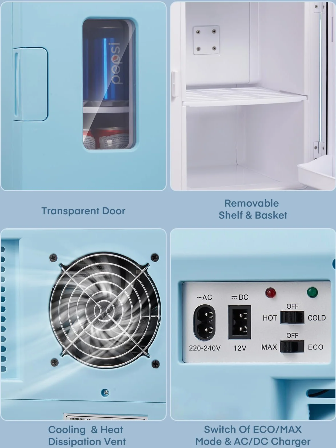 FOHERE Mini Frigorífico Portátil 15L 21 Latas 12V 220V Frío Calor Azul