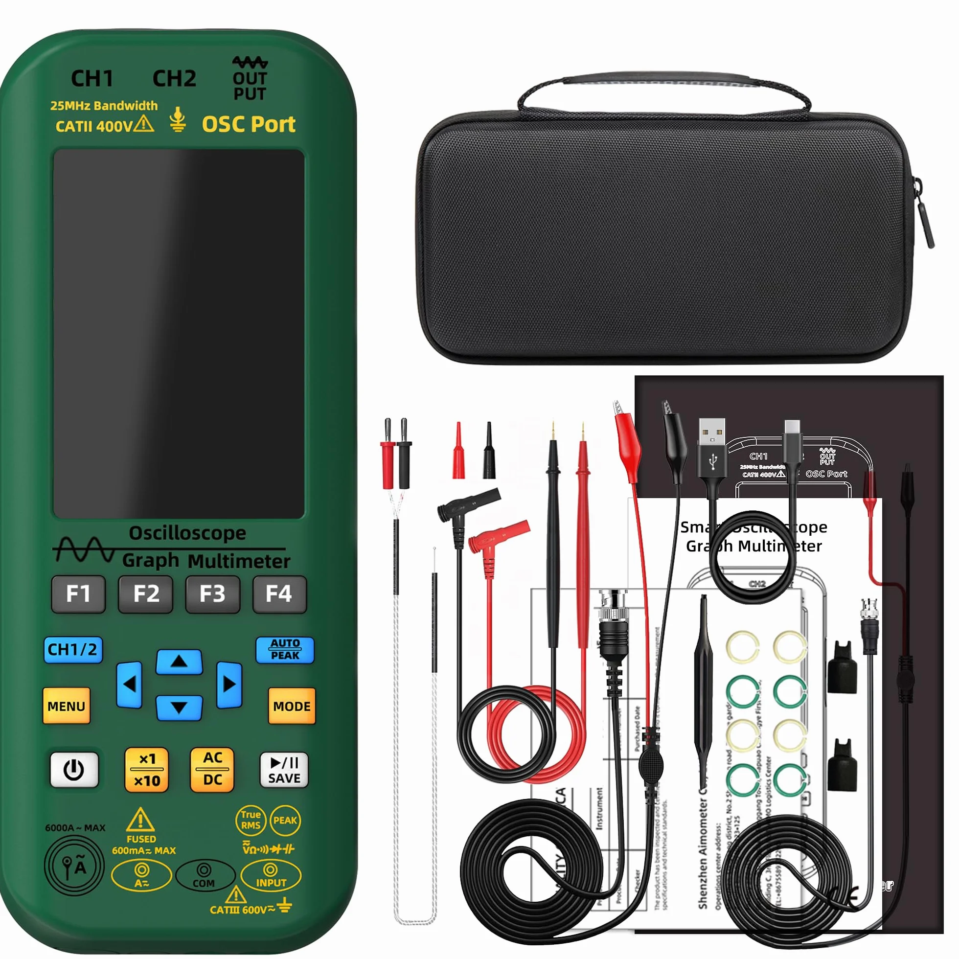 BSIDE O7 Osciloscopio Automotriz Portátil 2 Canales 25MHz 208MSa/s con 3.9 pulgadas Pantalla de Vista Completa Generador de Señal Multímetro Recargable Mide 6000A Corriente Voltaje Capacidad Diodo