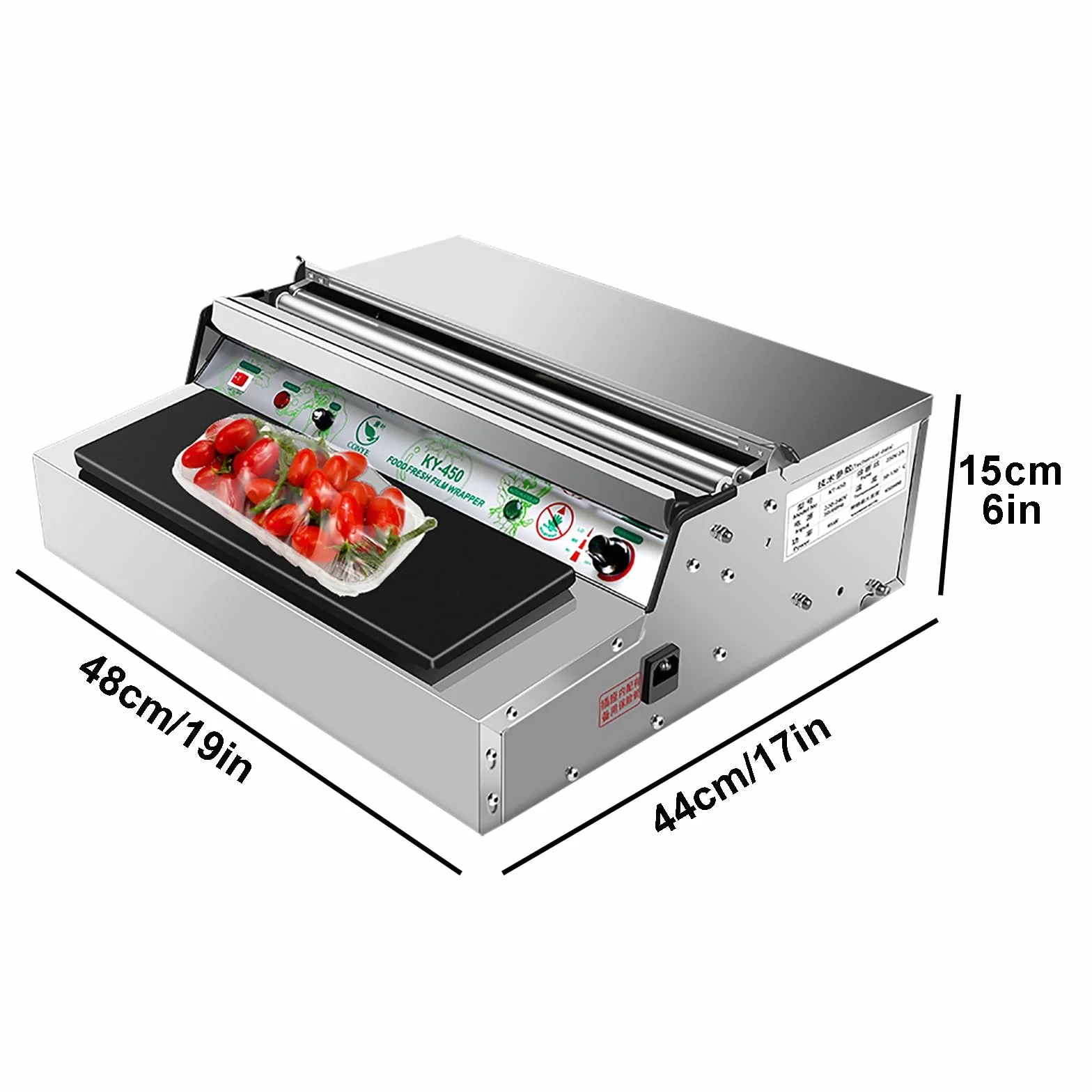 Dispensador de Film Transparente de Acero Inoxidable, Máquina Selladora de Film Térmico Comercial con Placa Calefactora, para Envasado de Alimentos, Frutas y Bandejas en Supermercados