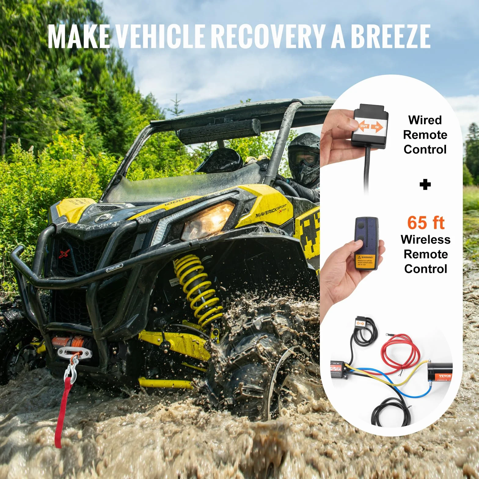 VEVOR Cabrestante Eléctrico ATV UTV Capacidad de Remolque 2041 kg 12 V DC Cuerda Sintética de 12 Hilos Φ0,6x1188,7 cm Control Remoto Inalámbrico y por Cable Impermeable IP55 para Remolque ATV UTV
