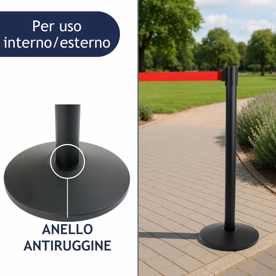 Postes separadores con cinta extensible 3 m, retráctil, seguridad, negro base reforzada, ámbitos diversos amarillo-negro