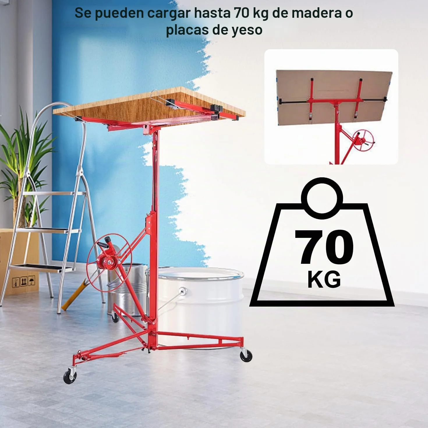 Fiqops XXL elevador de placas hasta 68 kg para placas de yeso, altura de trabajo de 140-350 cm ajustable, brazo de carga de hasta 290 cm de ancho, rojo