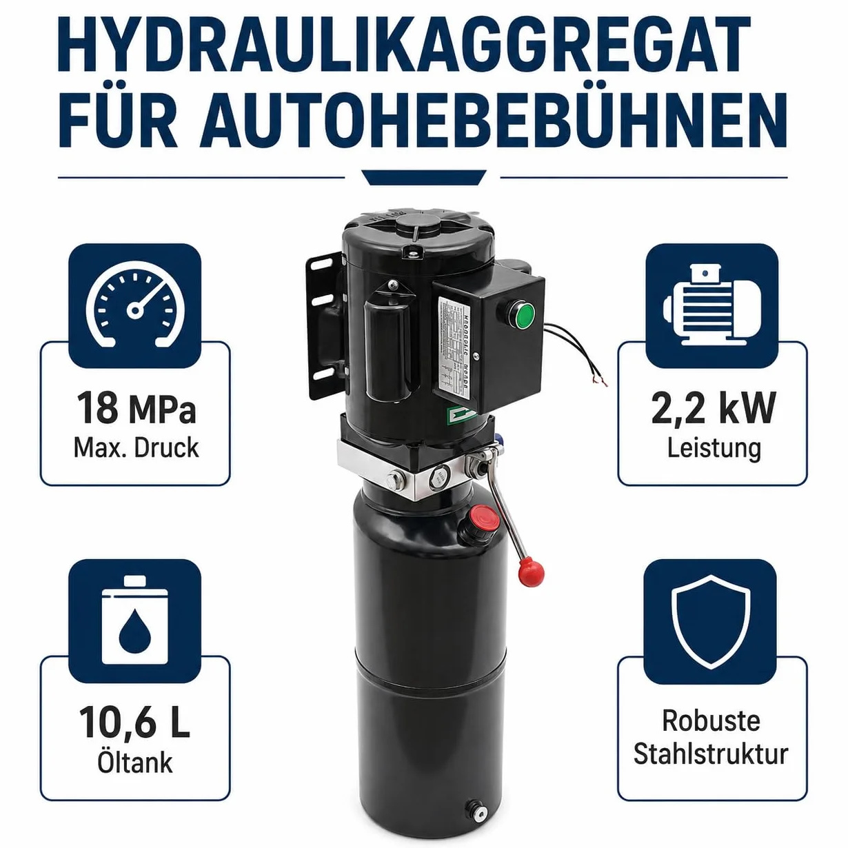 Bomba Hidráulica Eléctrica 10L 220V 2200W, Unidad de Potencia Hidráulica de Simple Efecto 18MPa, Grupo Hidráulico para Elevador de Coches, Plataforma Elevadora, Montacargas y Remolques Basculantes