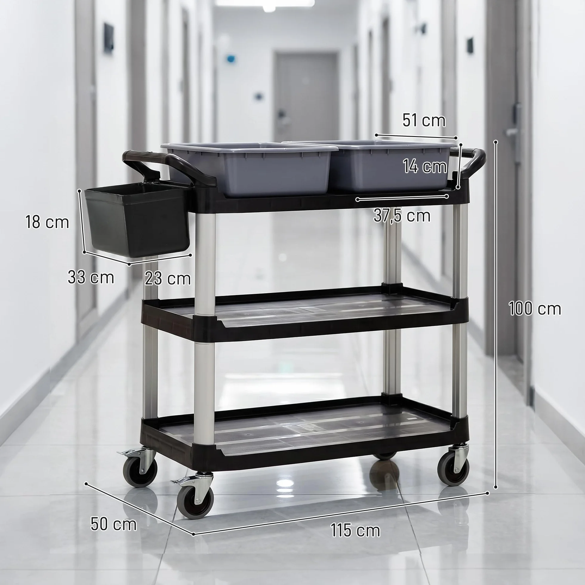 HOMCOM Carro de Limpieza con Ruedas, Carro de Servicio con 3 Estantes, 2 Contenedores y Cubo Lateral Colgante, Estructura de Aluminio, Carga 100 kg, 115x50x100 cm, Negro
