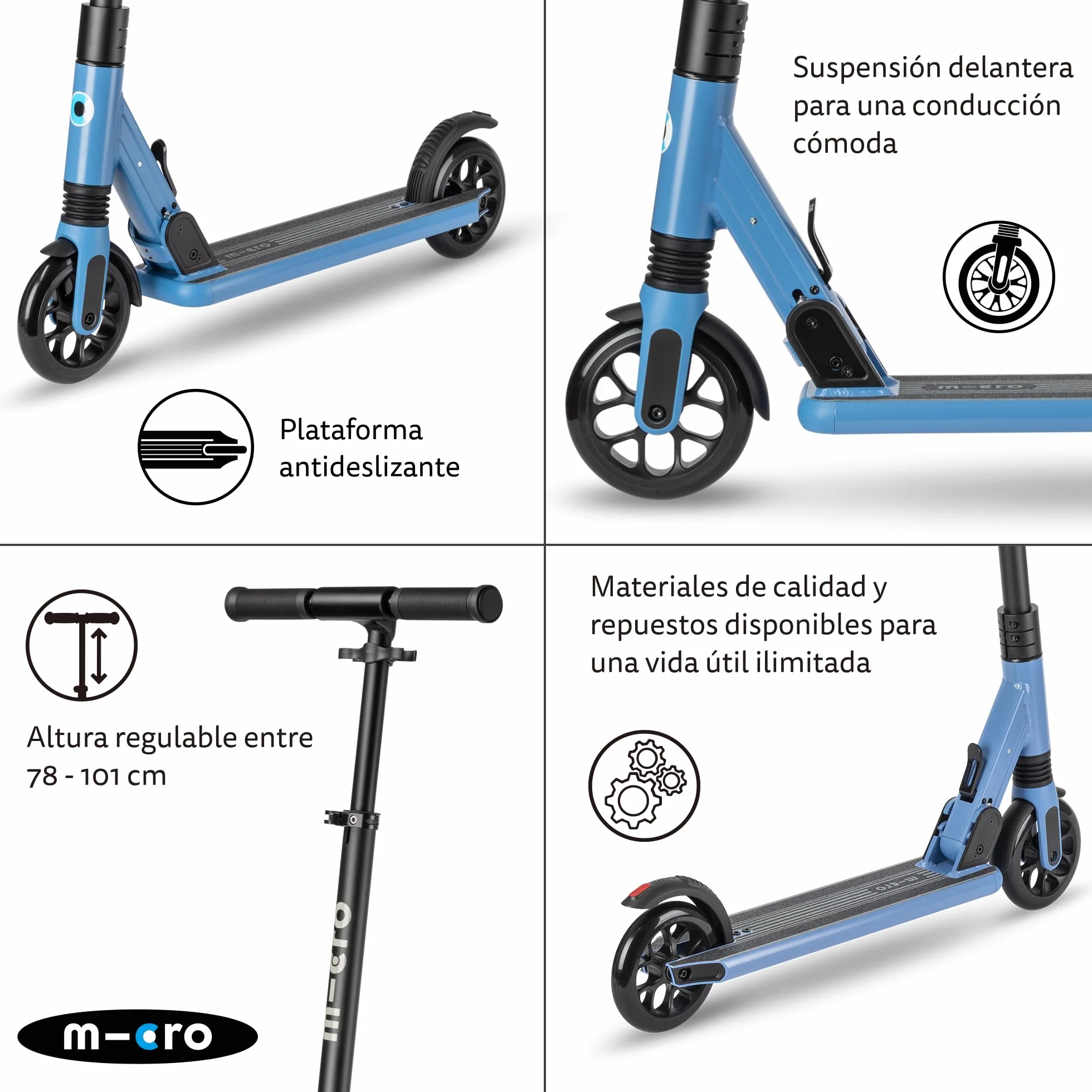 Micro® Sprite Suspension Patinete 2 Ruedas Niños Adultos Suspensión Delantera Plegado rápido Altura Regulable