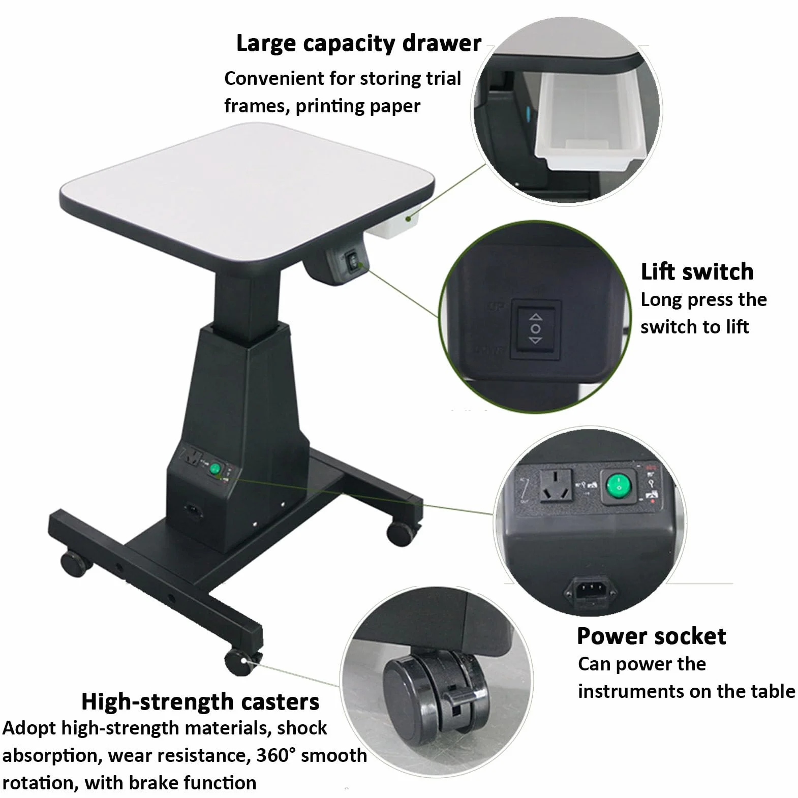 Mesa motorizada para instrumental, mesa elevadora para equipos ópticos profesionales de optometría con ruedas y altura ajustable, mesa de trabajo eléctrica motorizada para instrumental de óptica, colo