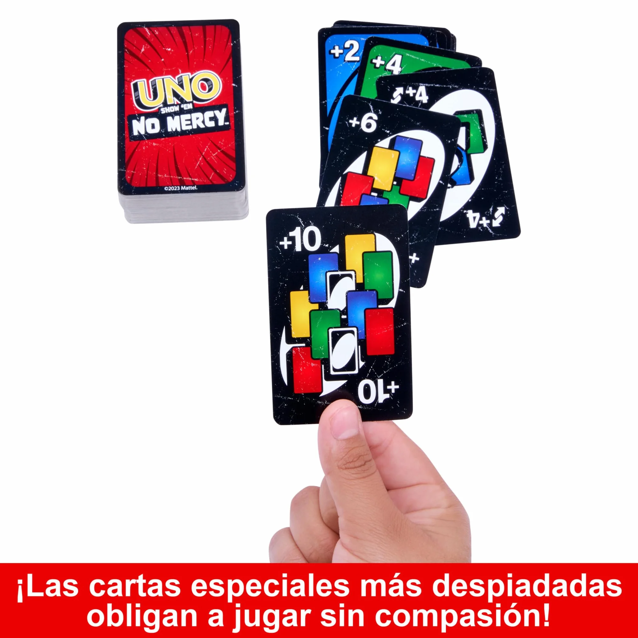 Mattel Games UNO No Mercy Juego de Cartas con Cartas adicionales Reglas Especiales Caja de Metal +7 años