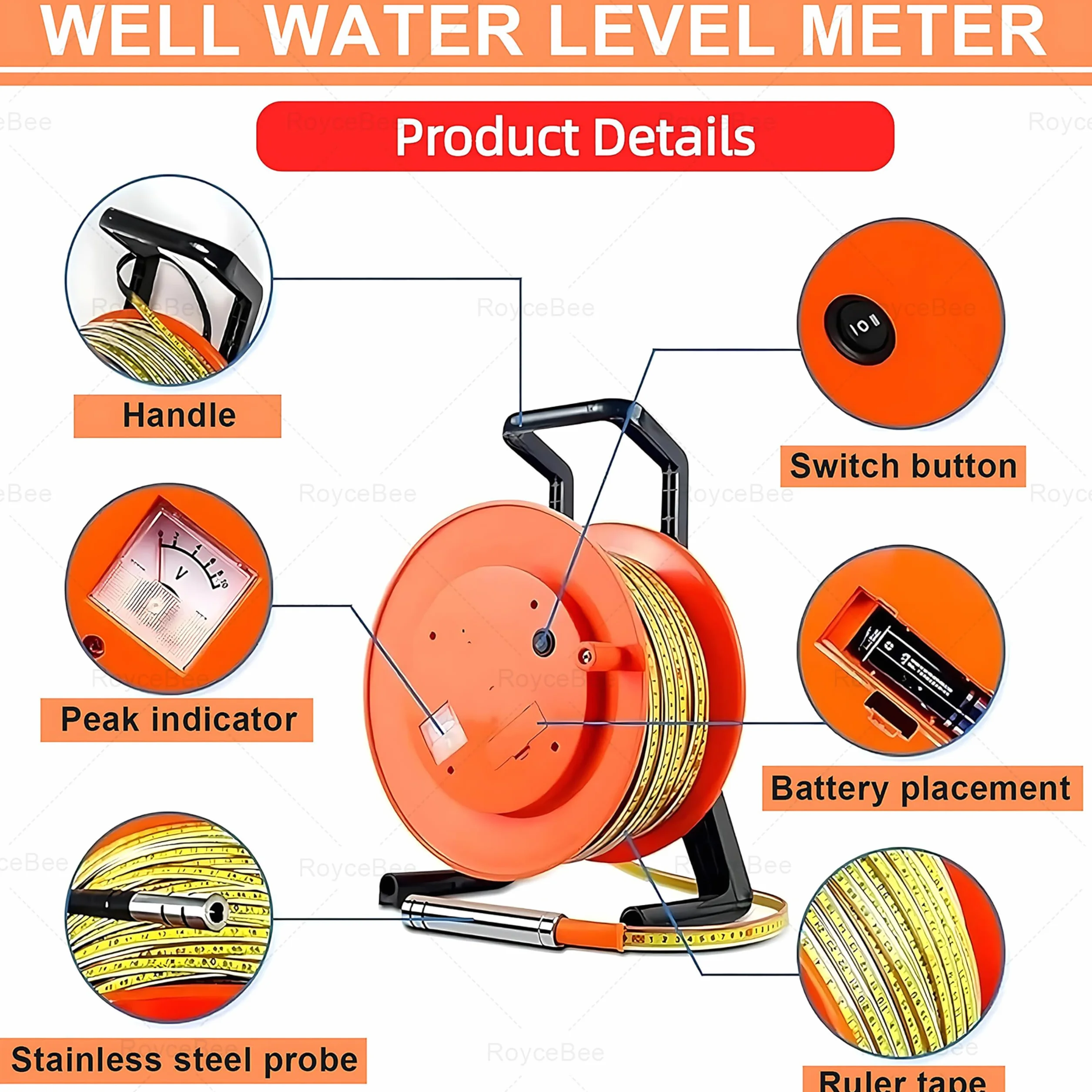 Cinta Métrica de Acero para Pozos Profundos-Medidor de Nivel de Agua y Sonda de Profundidad, Regla de Acero Resistente para Mediciones Precisas del Nivel de Agua en Pozos y Perforaciones 300m/984ft