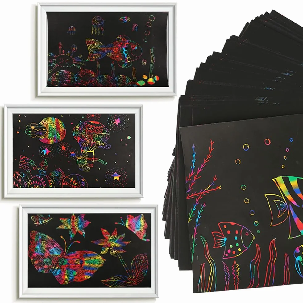 100 Hojas Dibujo Scratch Art Paper Láminas para Rascar Creativas con 4 Plantillas y 10 Lápices de Madera