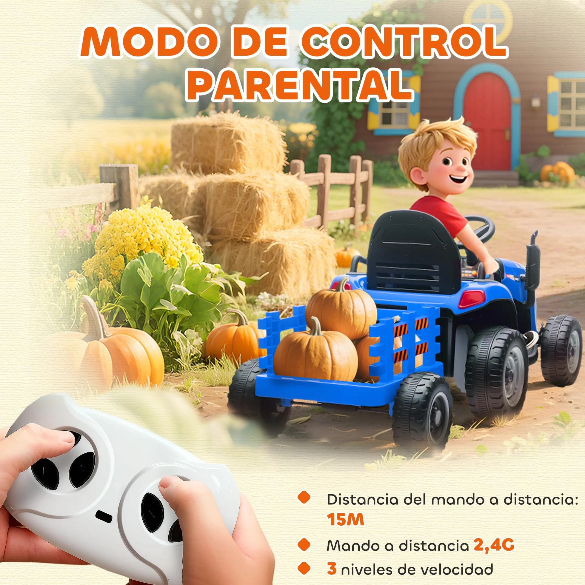 AIYAPLAY Tractor Eléctrico para Niños 12V con Remolque Desmontable, Control Remoto 2,4G, Azul